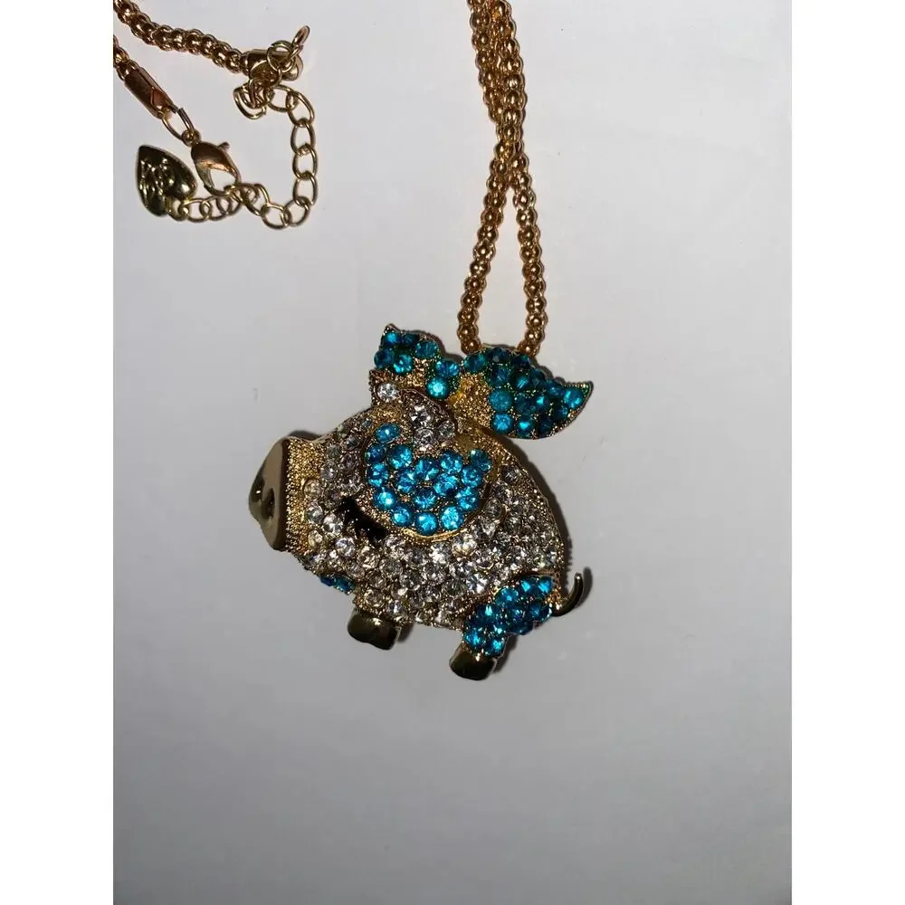 Betsey Johnson Crystal Pig Pendant Necklace NWT